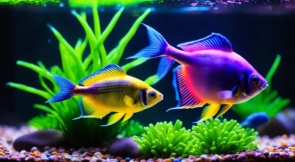 Reprodução de peixe tetra arco-íris néon amarelo