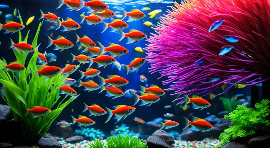 alimentação de peixe tetra arco-íris néon multicolorido