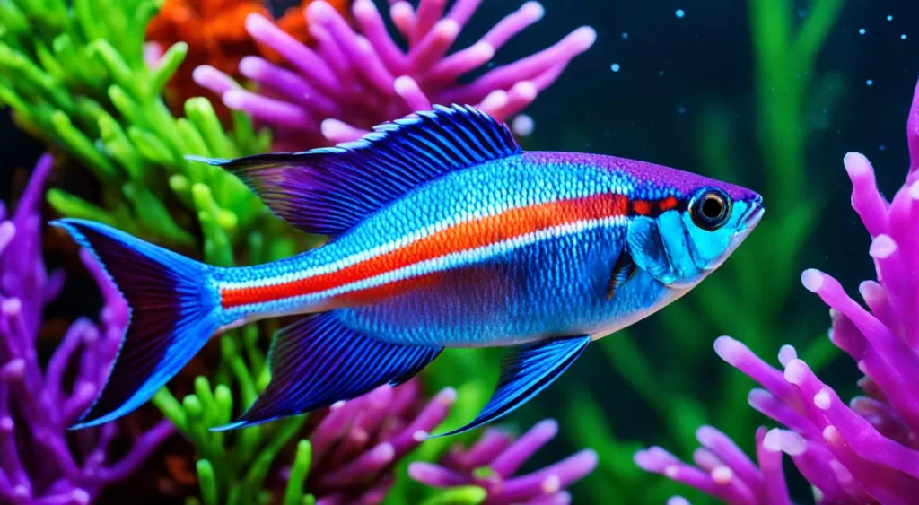 alimentação de peixe tetra arco-íris roxo