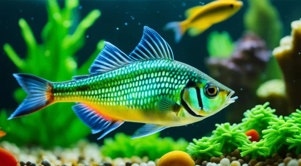 alimentação de peixe tetra arco-íris verde