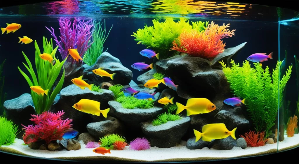 aquário de peixe tetra arco-íris néon amarelo