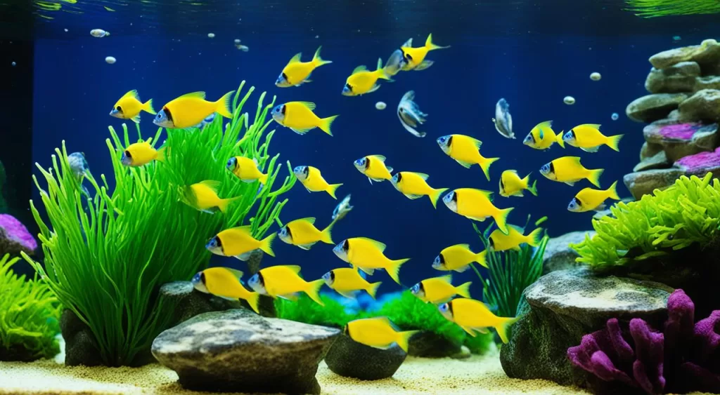reprodução de peixe tetra arco-íris amarelo