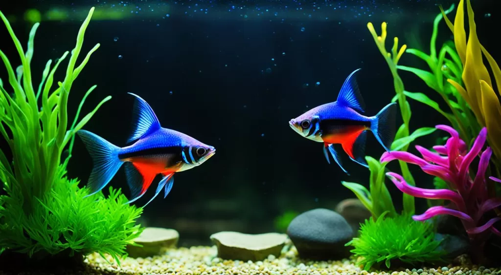 reprodução de peixe tetra arco-íris néon preto