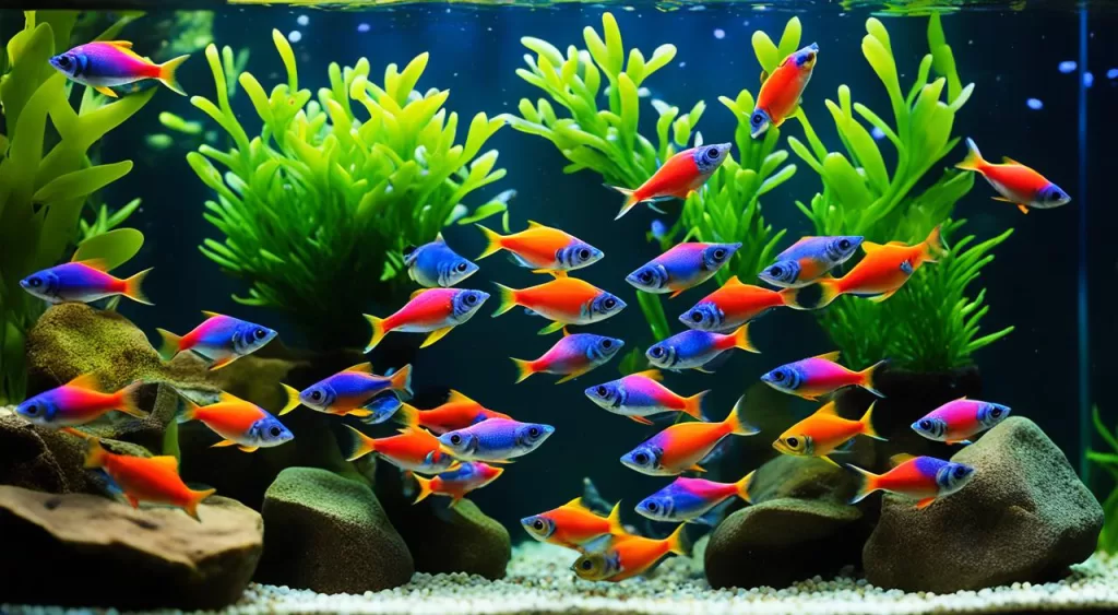 reprodução de peixe tetra multicolorido
